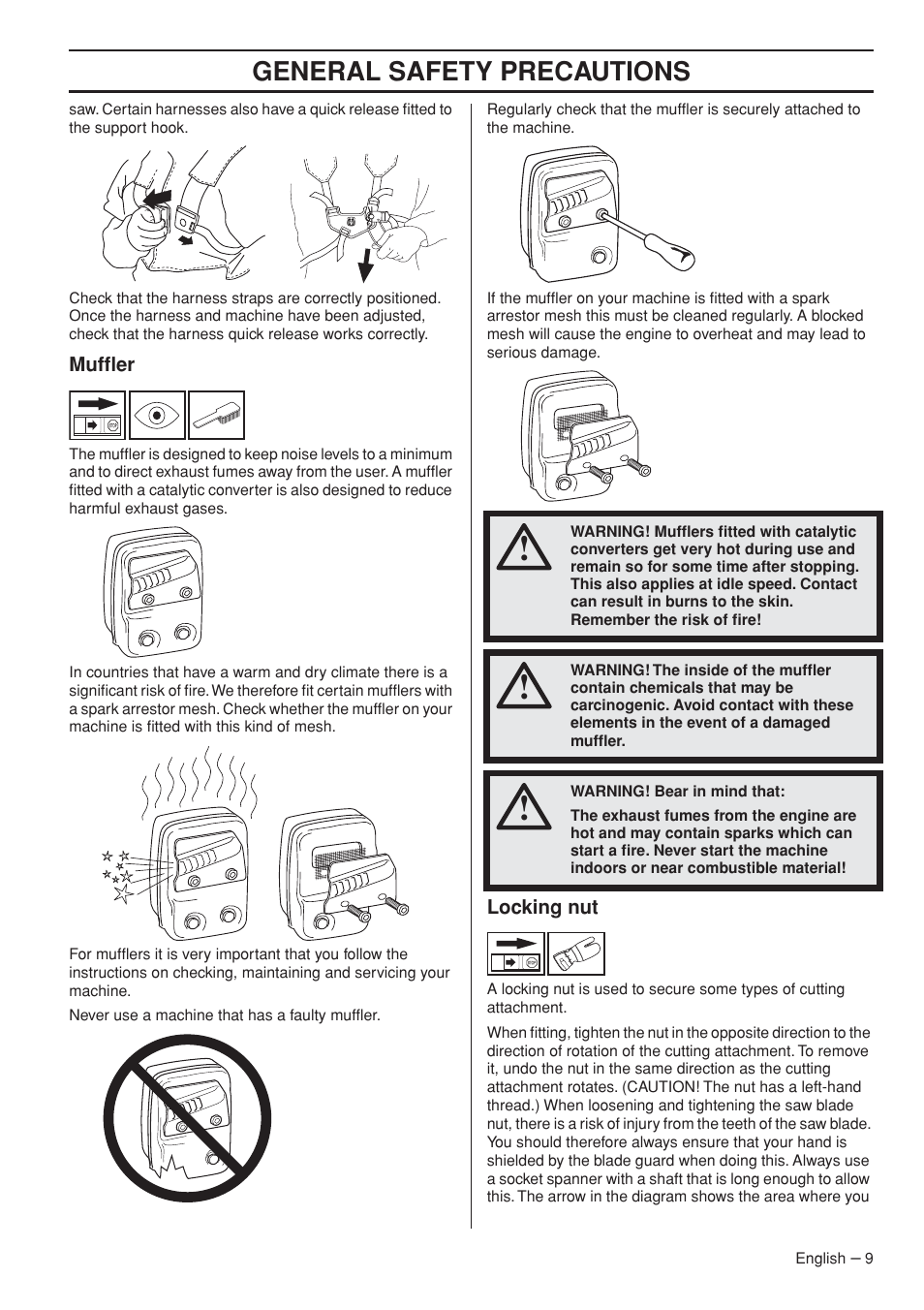 Muffler, Locking nut, General safety precautions | Husqvarna 235R User Manual | Page 9 / 52