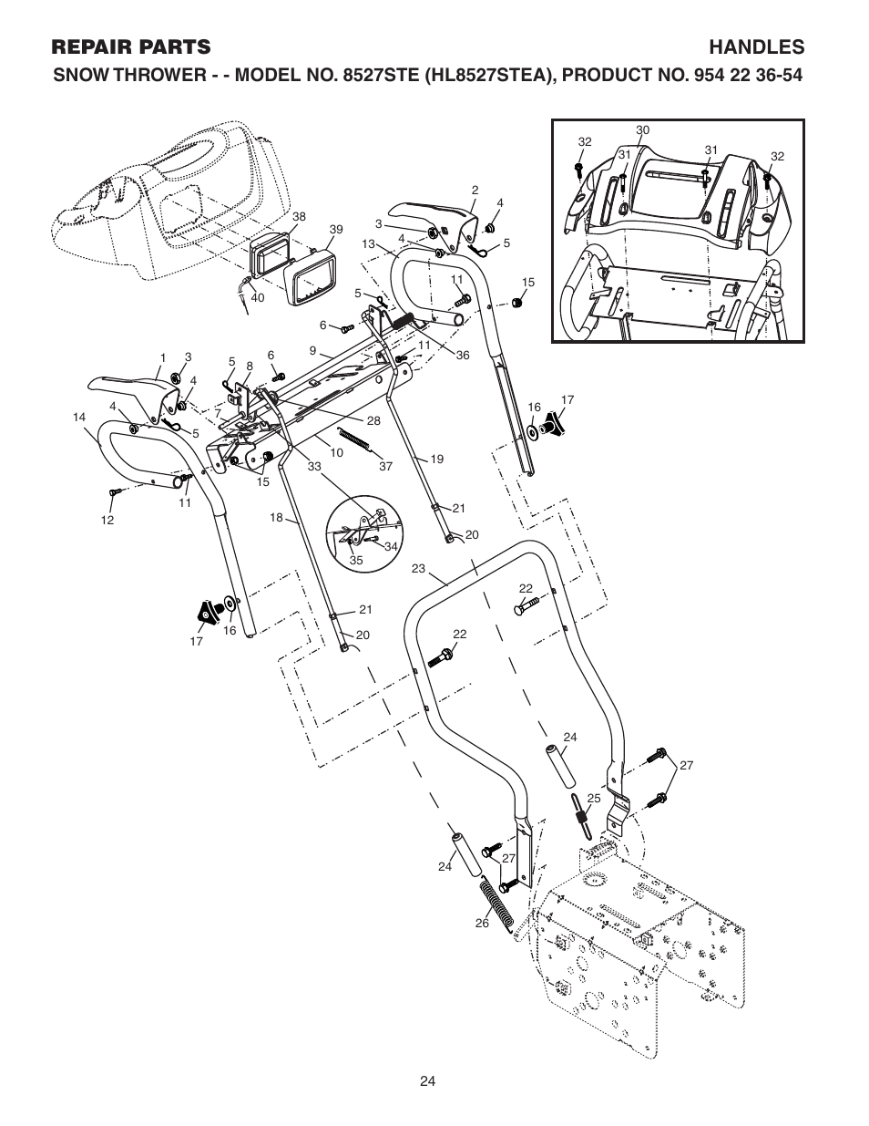 Handles, Repair parts handles | Husqvarna 8527 STE User Manual | Page 24 / 32