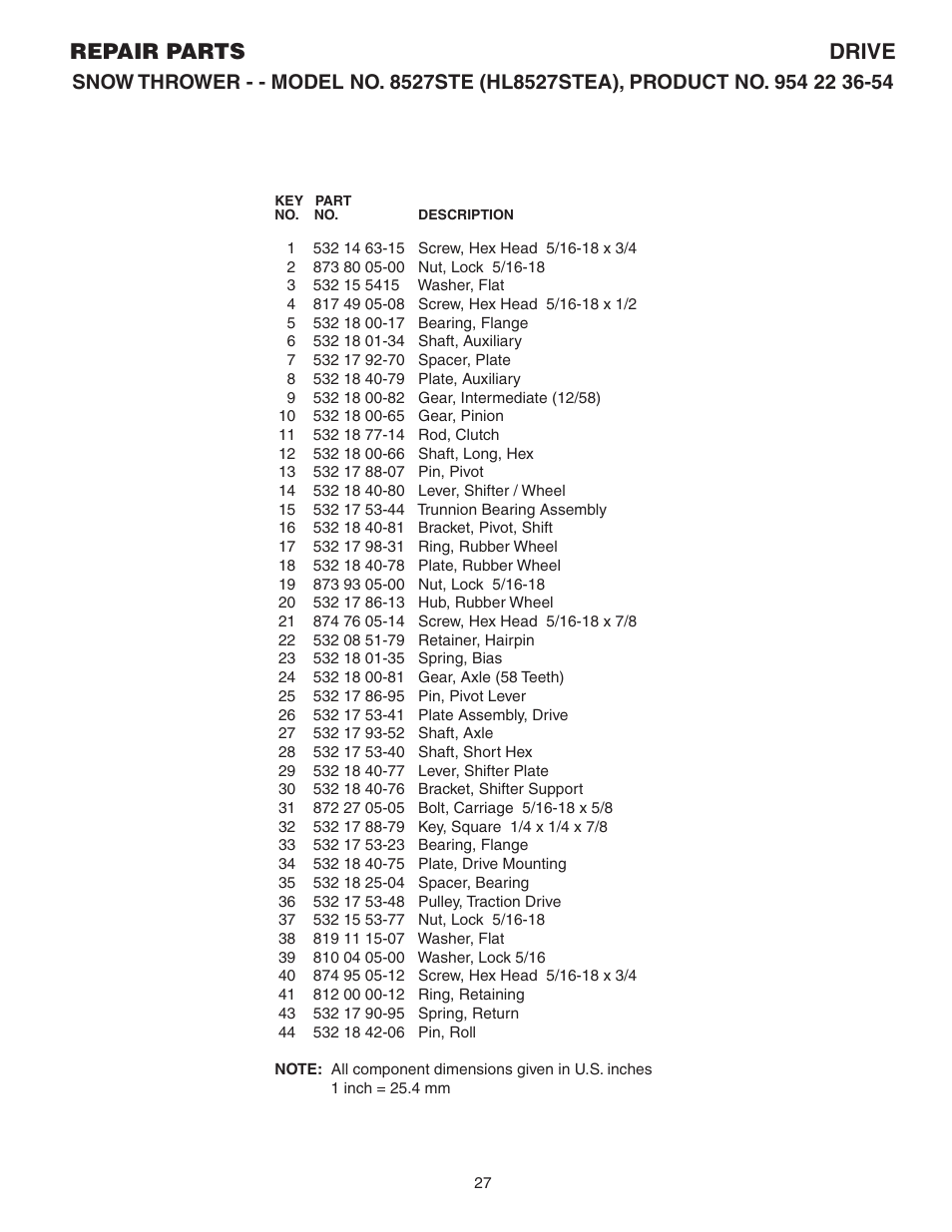 Parts list, Repair parts drive | Husqvarna 8527 STE User Manual | Page 27 / 32