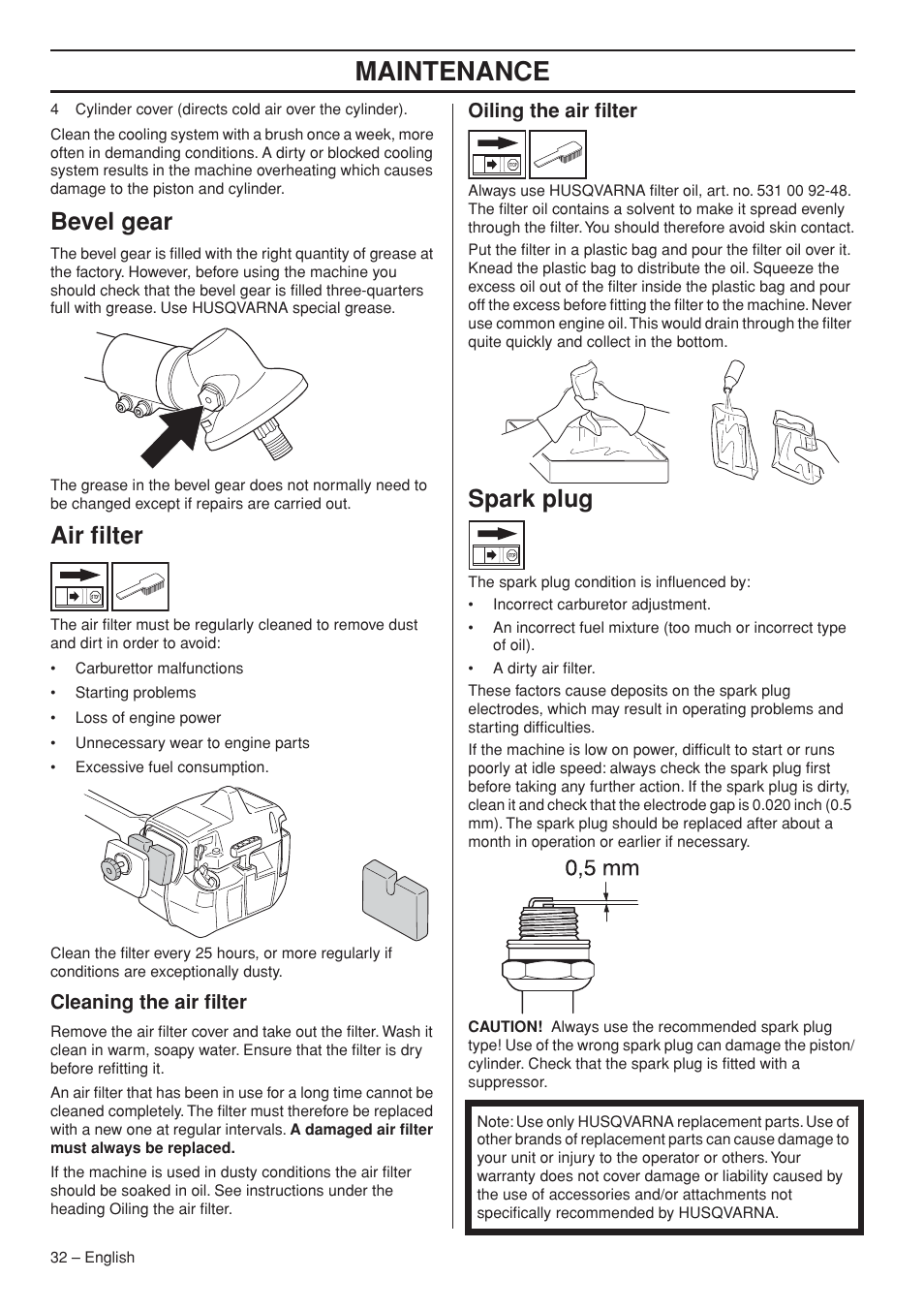 Bevel gear, Air filter, Cleaning the air filter | Oiling the air filter, Spark plug, Maintenance | Husqvarna 1151187-95 User Manual | Page 32 / 52