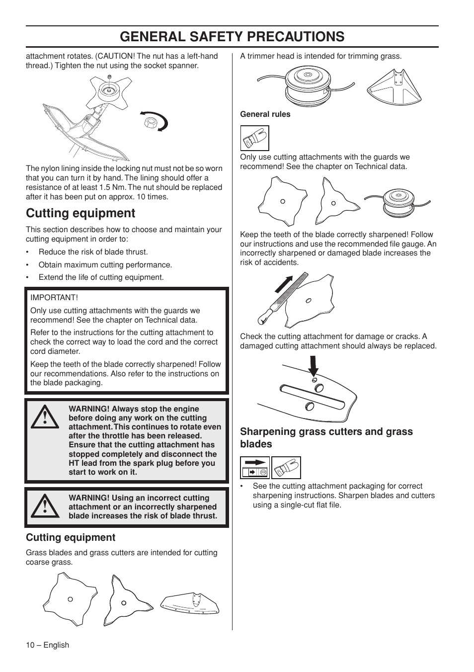 Cutting equipment, Sharpening grass cutters and grass blades, General safety precautions | Husqvarna Clearing Saw 53 5RJ User Manual | Page 10 / 36