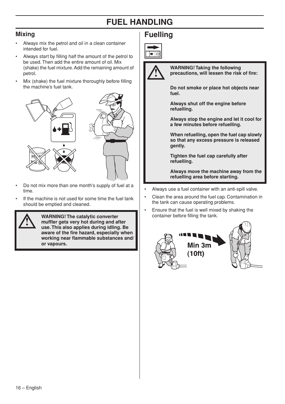 Mixing, Fuelling, Fuel handling | Husqvarna Clearing Saw 53 5RJ User Manual | Page 16 / 36