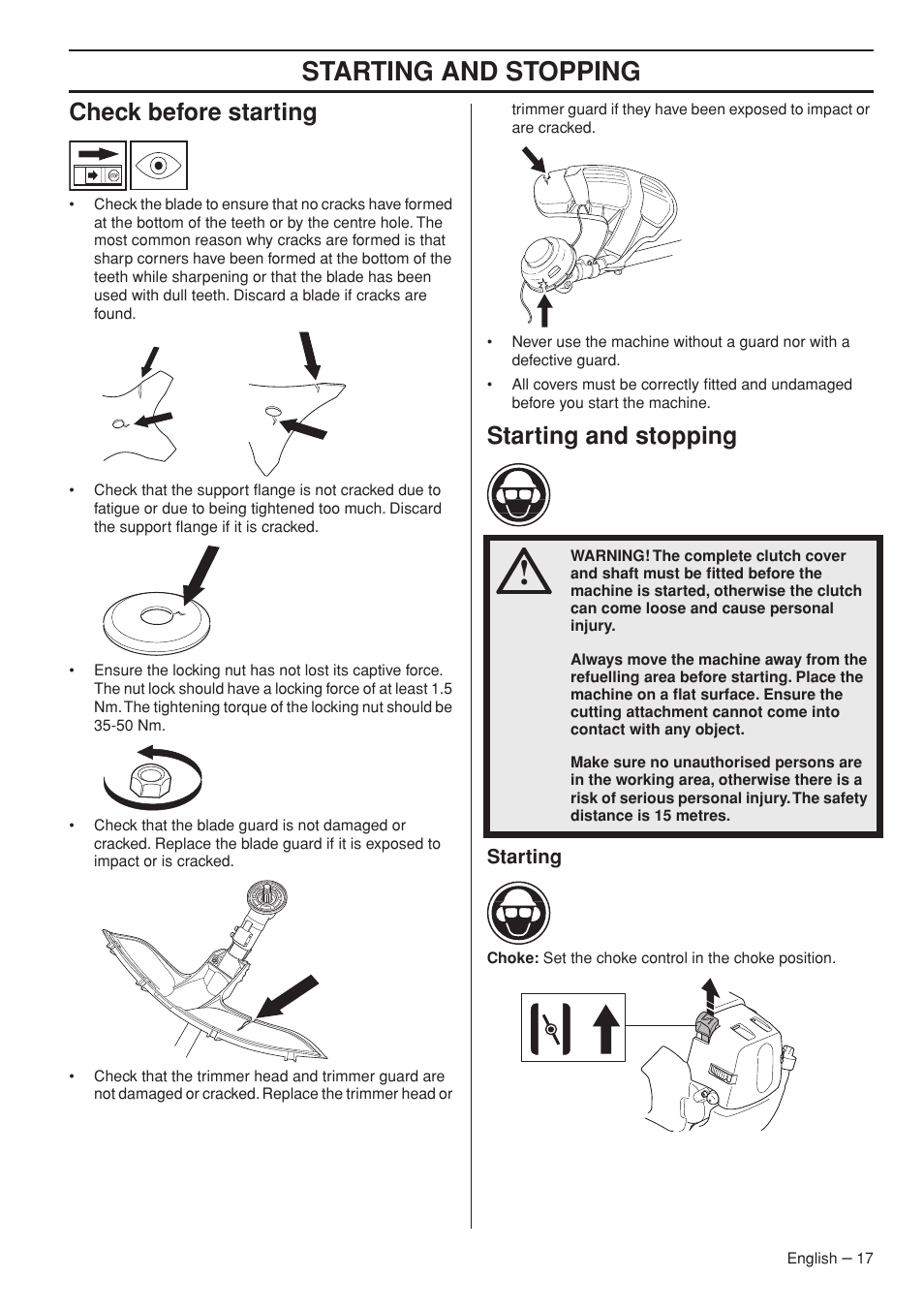 Check before starting, Starting and stopping, Starting | Husqvarna Clearing Saw 53 5RJ User Manual | Page 17 / 36