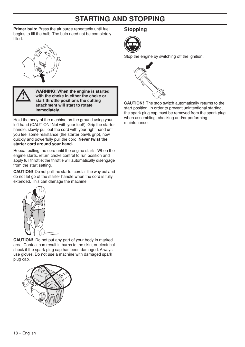 Stopping, Starting and stopping | Husqvarna Clearing Saw 53 5RJ User Manual | Page 18 / 36