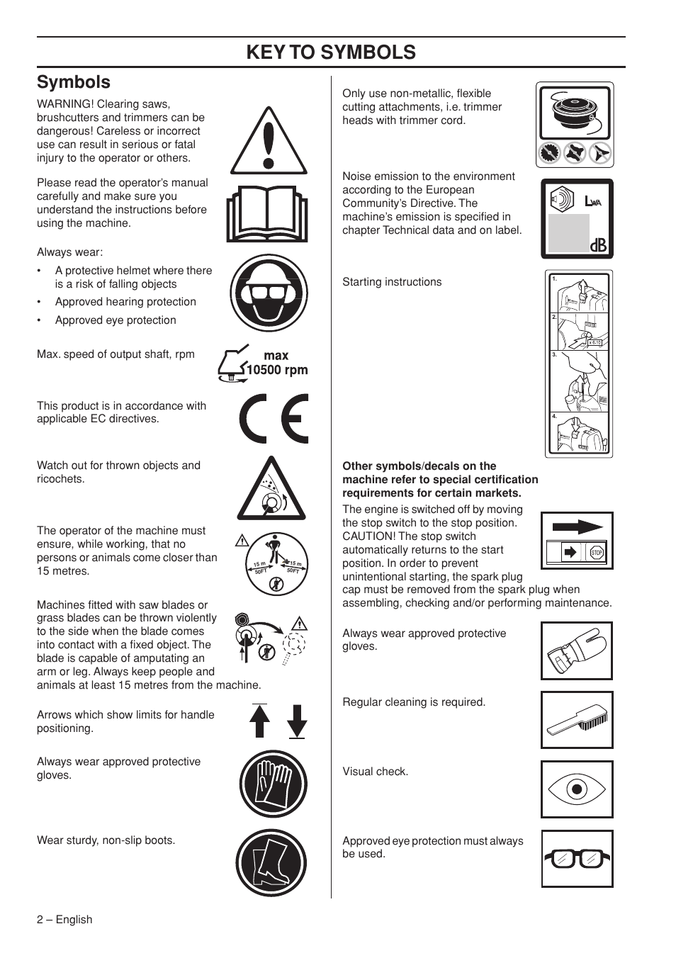 Symbols, Key t o symbols | Husqvarna Clearing Saw 53 5RJ User Manual | Page 2 / 36