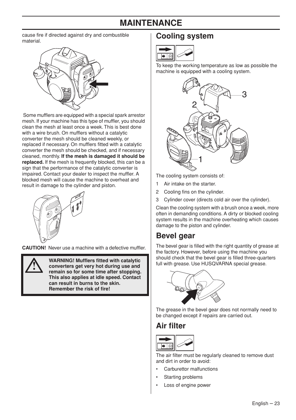 Cooling system, Bevel gear, Air filter | Maintenance | Husqvarna Clearing Saw 53 5RJ User Manual | Page 23 / 36