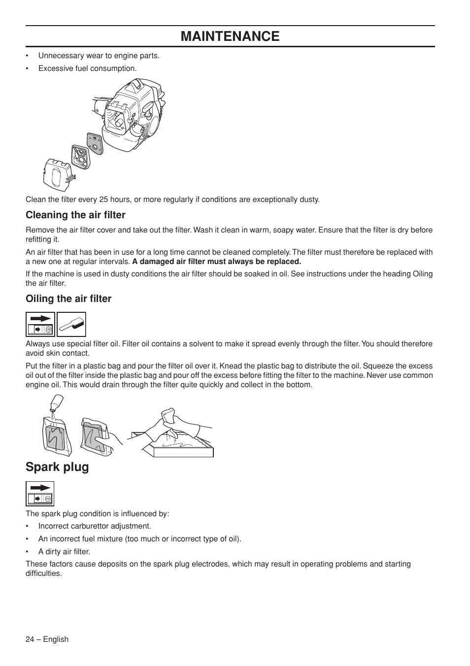 Cleaning the air filter, Oiling the air filter, Spark plug | Maintenance | Husqvarna Clearing Saw 53 5RJ User Manual | Page 24 / 36