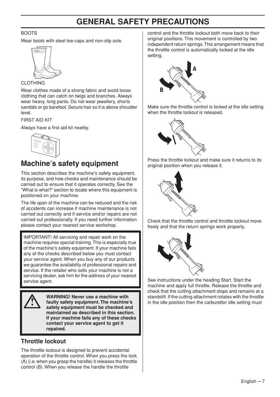 Machine¢s safety equipment, Throttle lockout, General safety preca utions | Mac hine ′ s safety equipment | Husqvarna Clearing Saw 53 5RJ User Manual | Page 7 / 36