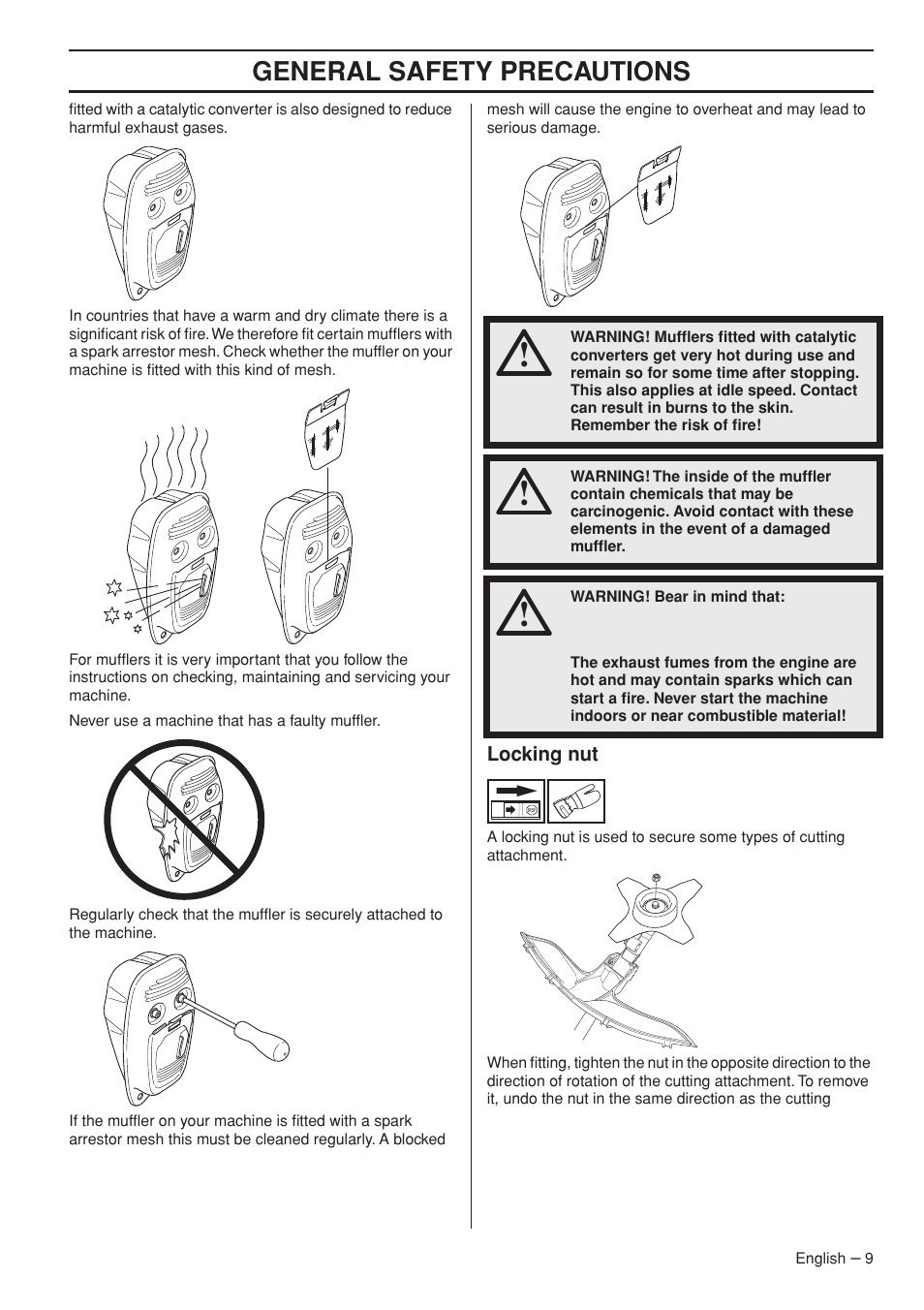 Locking nut, General safety precautions | Husqvarna Clearing Saw 53 5RJ User Manual | Page 9 / 36