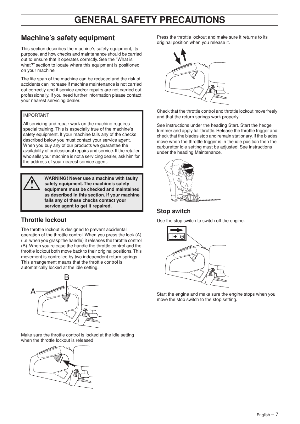 Machine¢s safety equipment, Throttle lockout, Stop switch | General safety preca utions, Mac hine ′′′′ s safety equipment | Husqvarna 123HD60 User Manual | Page 7 / 24