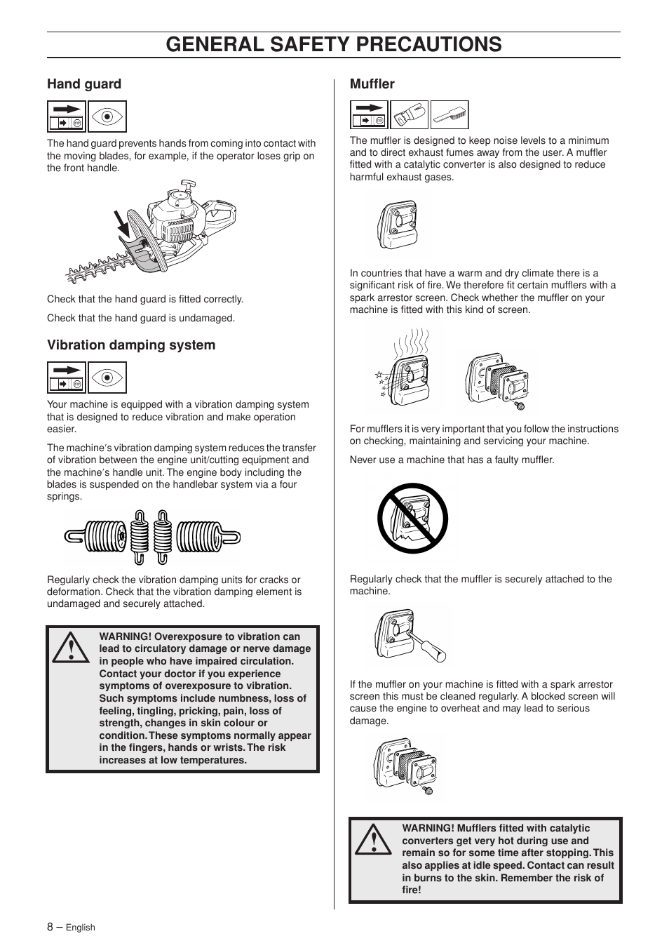 Hand guard, Vibration damping system, Muffler | General safety preca utions | Husqvarna 123HD60 User Manual | Page 8 / 24