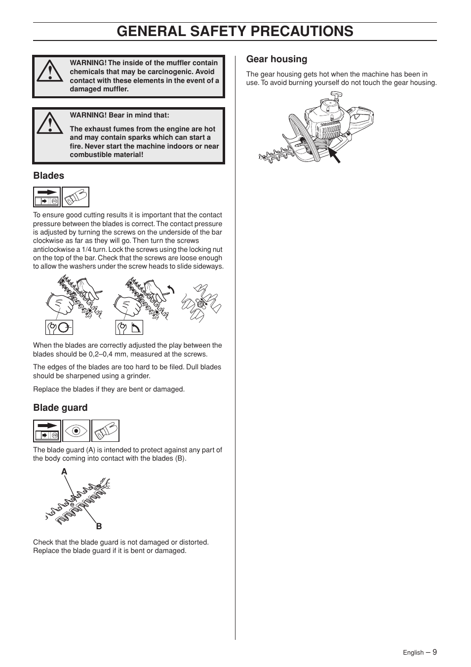 Blades, Blade guard, Gear housing | General safety precautions | Husqvarna 123HD60 User Manual | Page 9 / 24