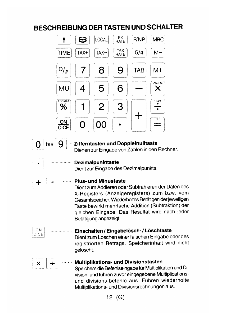 Beschreibung der tasten und schalter, 0 i ! 0 > zifferntasten und dopplelnutitaste, Dezimalpunkttaste | Plus- und minustaste, Einschalten / eingabelösch- / löschtaste, Multiplikations- und divisionstasten, 12 (g) | CITIZEN CX-77BIII User Manual | Page 13 / 61