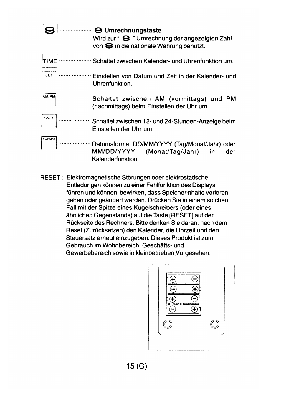 Umrechnungstaste, 15(g) | CITIZEN CX-77BIII User Manual | Page 16 / 61