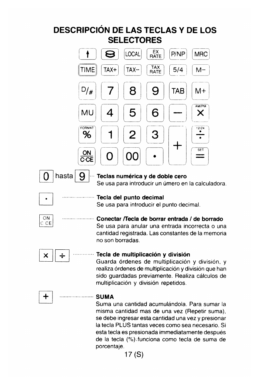Descripcion de las teclas y de los, Selectores, Hasta | Teclas numérica y de doble cero, Tecla del punto decimal, Conectar /tecla de borrar entrada / de borrado, Tecla de multiplicación y división, Suma, Descripcion de las teclas y de los selectores, 17 (s) | CITIZEN CX-77BIII User Manual | Page 18 / 61