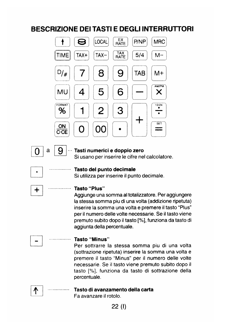 Bescrizione dei tasti e degli interruttori, Tasti numerici e doppio zero, Tasto del punto decimale | Tasto “plus, Tasto “minus, Tasto di avanzamento della carta, 22 (i) | CITIZEN CX-77BIII User Manual | Page 23 / 61
