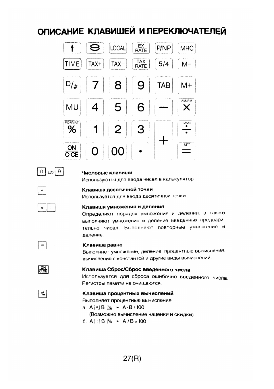 Описание клавишей и переключателей, Ми 4 5 6, 4ì 2 3 | 0 i 00 • + 1 | CITIZEN CX-77BIII User Manual | Page 28 / 61