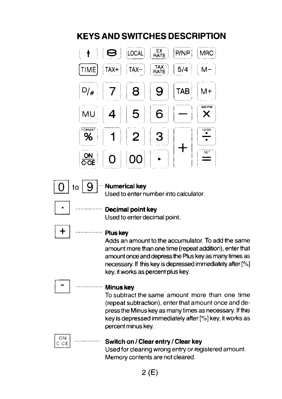 Keys and switches description, 0 to 9, 2(e) | CITIZEN CX-77BIII User Manual | Page 3 / 61