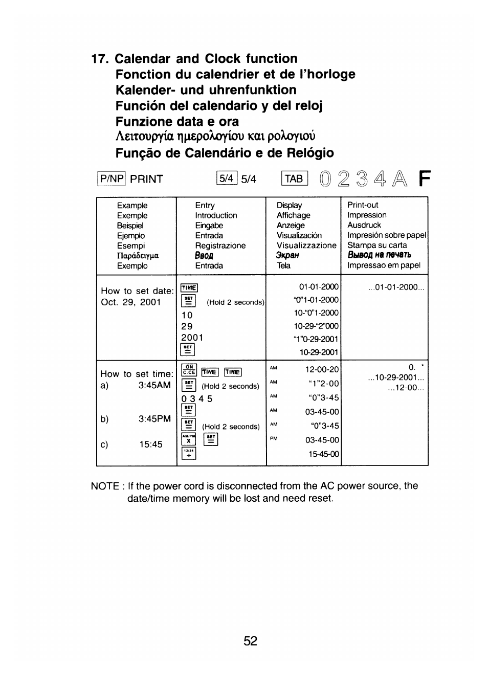 4 ä f, Aeitoupyia t]n£po/uoyiou kai poxoyiov, Funçâo de calendàrio e de relógio | Ввод, Вывод на печать, P/np print | CITIZEN CX-77BIII User Manual | Page 53 / 61