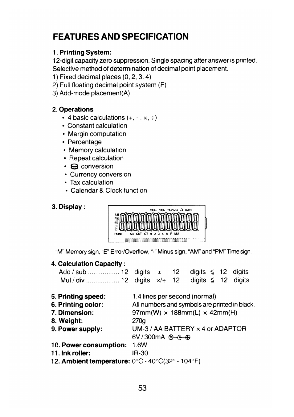 Features and specification, Printing system, Operations | Display, Calculation capacity | CITIZEN CX-77BIII User Manual | Page 54 / 61