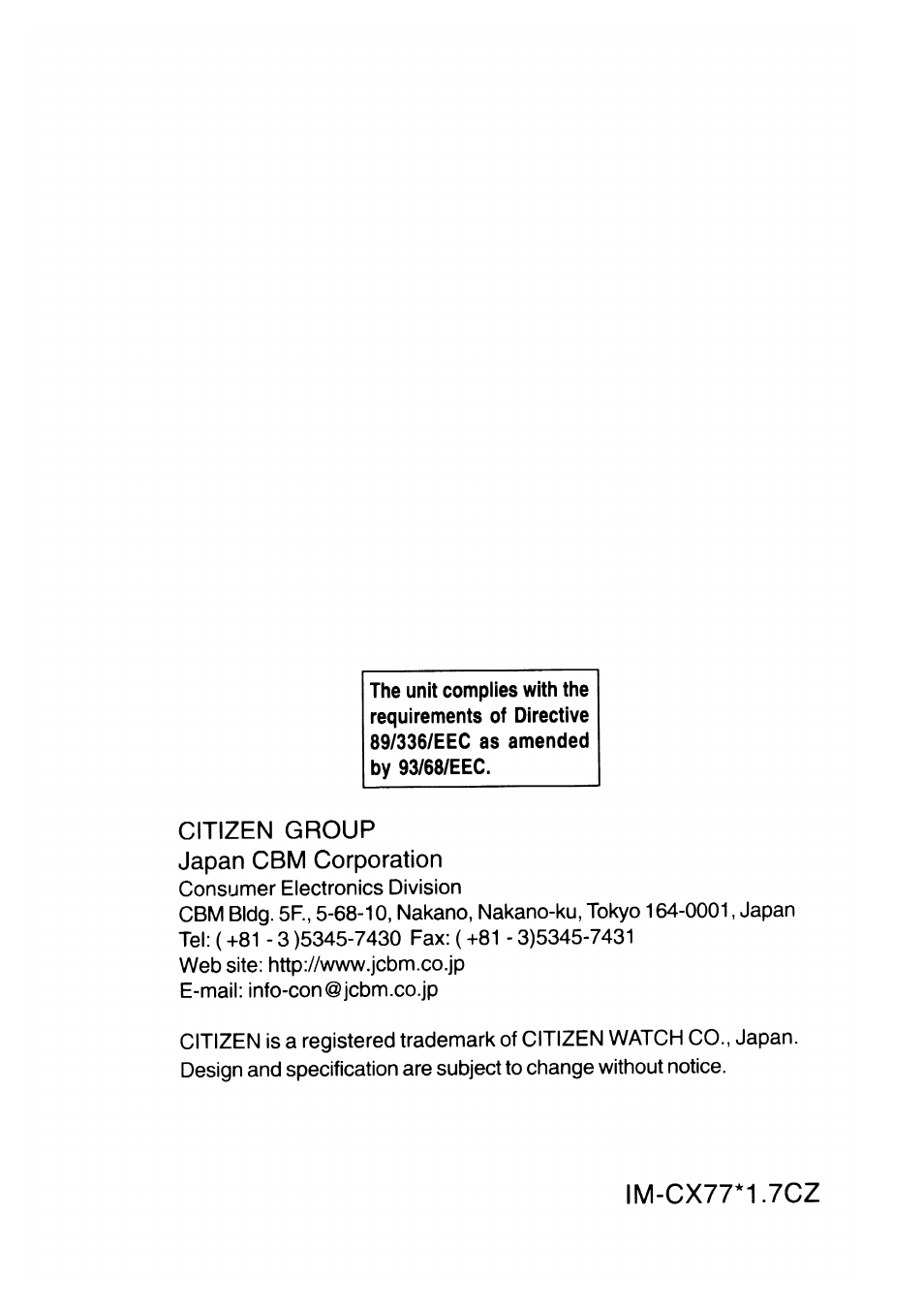 Im-cx77*1.7cz, Citizen group japan cbm corporation | CITIZEN CX-77BIII User Manual | Page 61 / 61