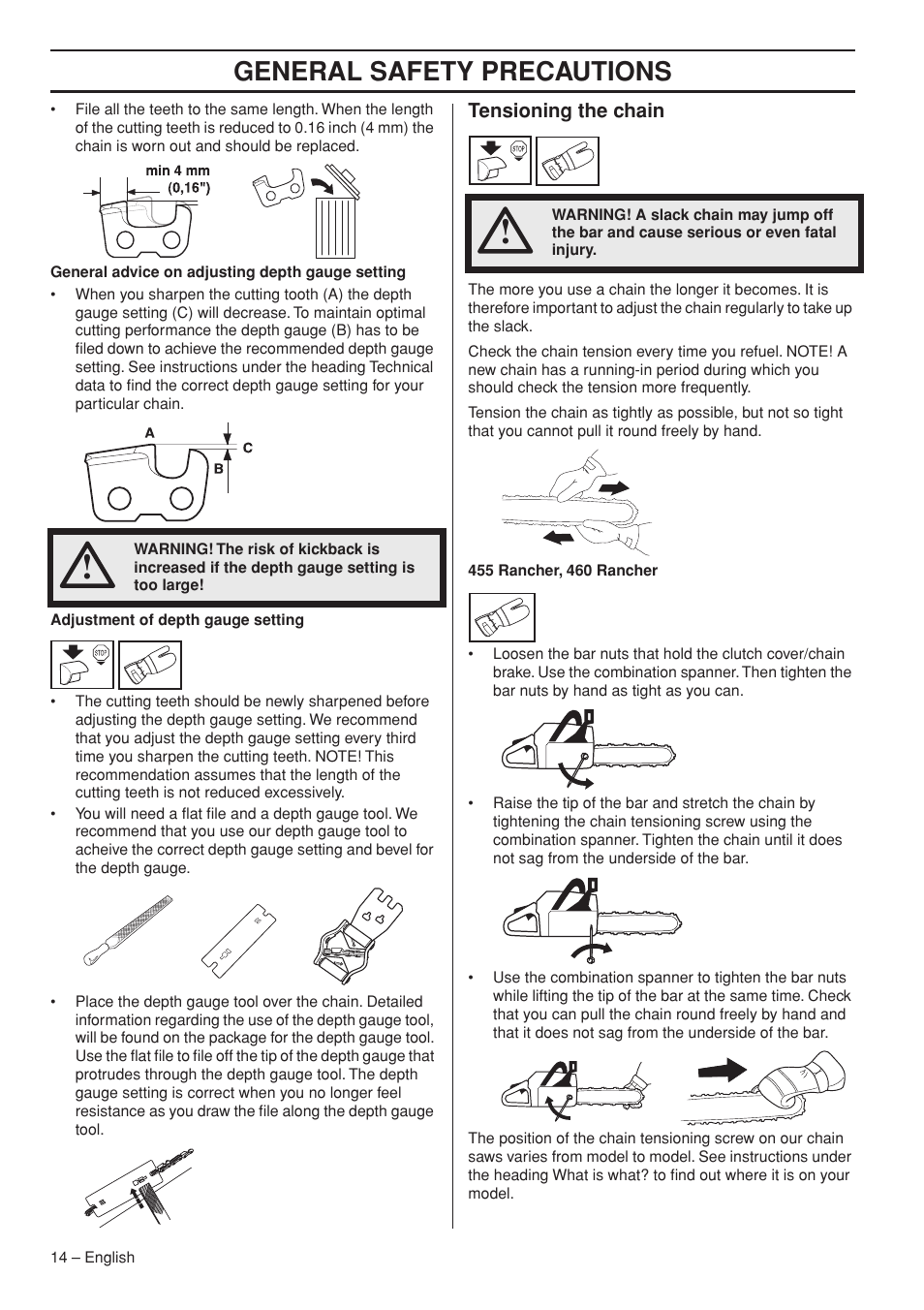 Tensioning the chain, General safety precautions | Husqvarna 1150902-95 User Manual | Page 14 / 44