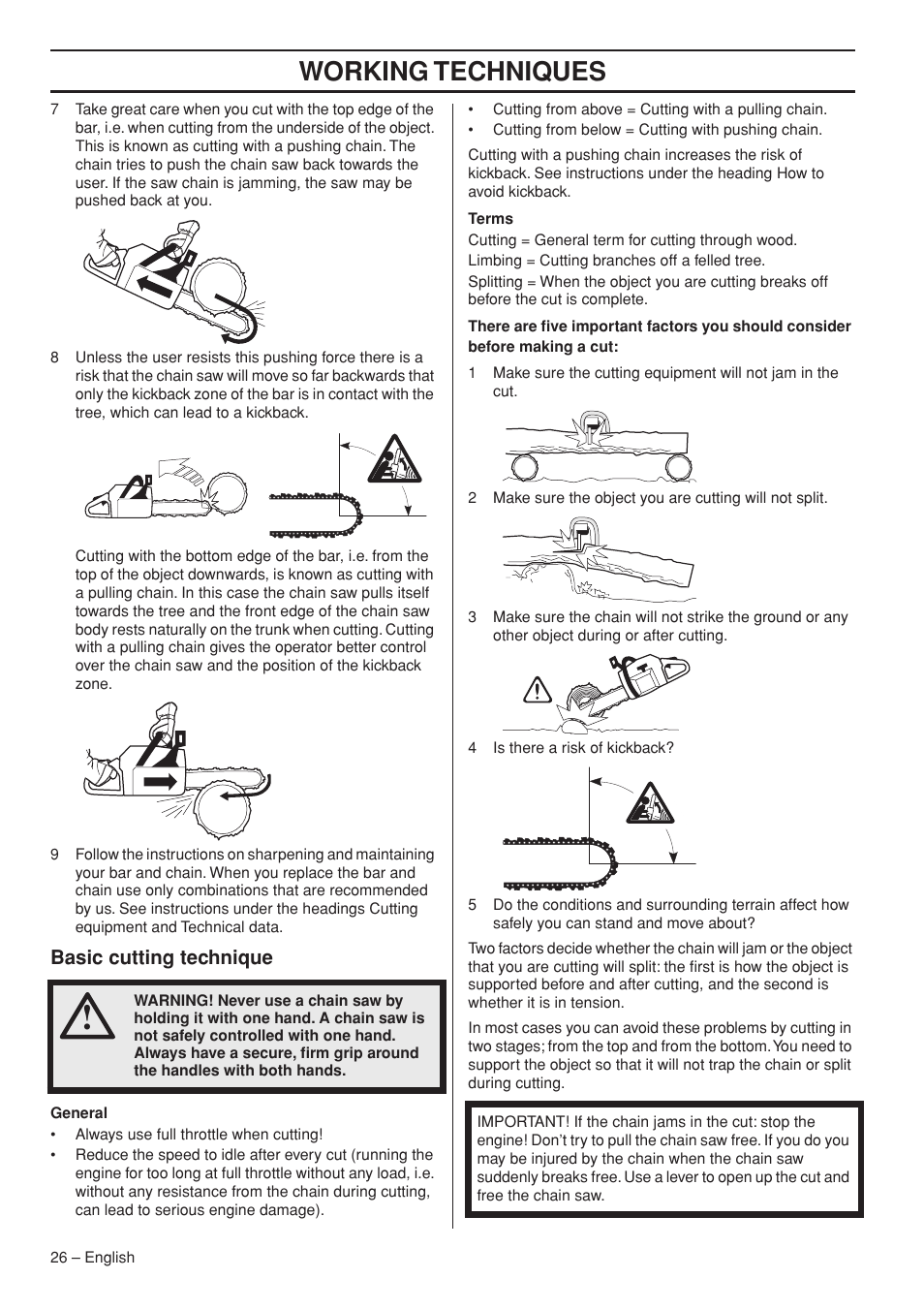 Basic cutting technique, Working techniques | Husqvarna 1150902-95 User Manual | Page 26 / 44