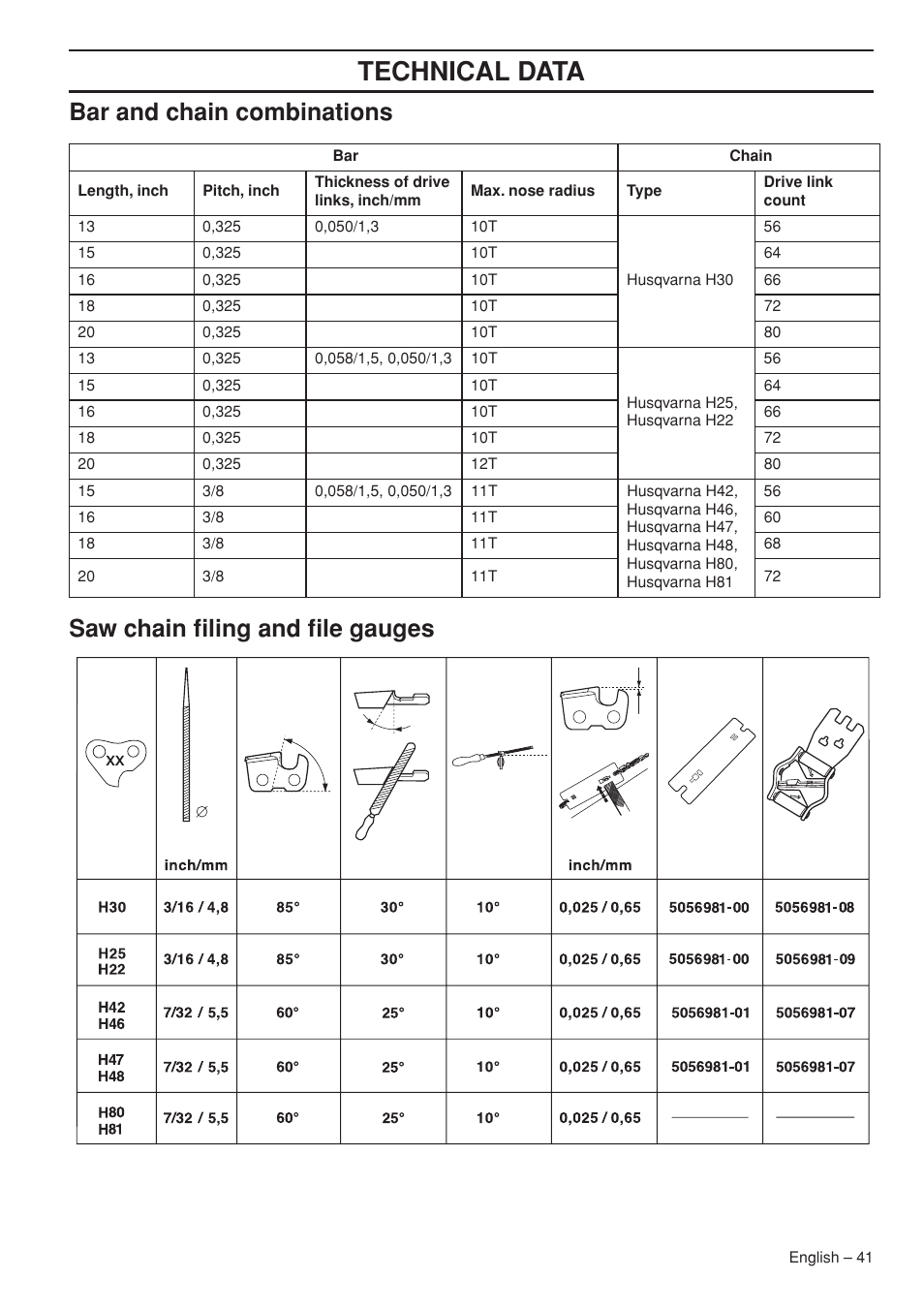 Bar and chain combinations, Saw chain filing and file gauges, Technical data | Husqvarna 1150902-95 User Manual | Page 41 / 44