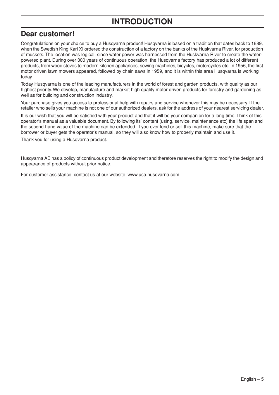 Dear customer, Intr oduction | Husqvarna 1150902-95 User Manual | Page 5 / 44