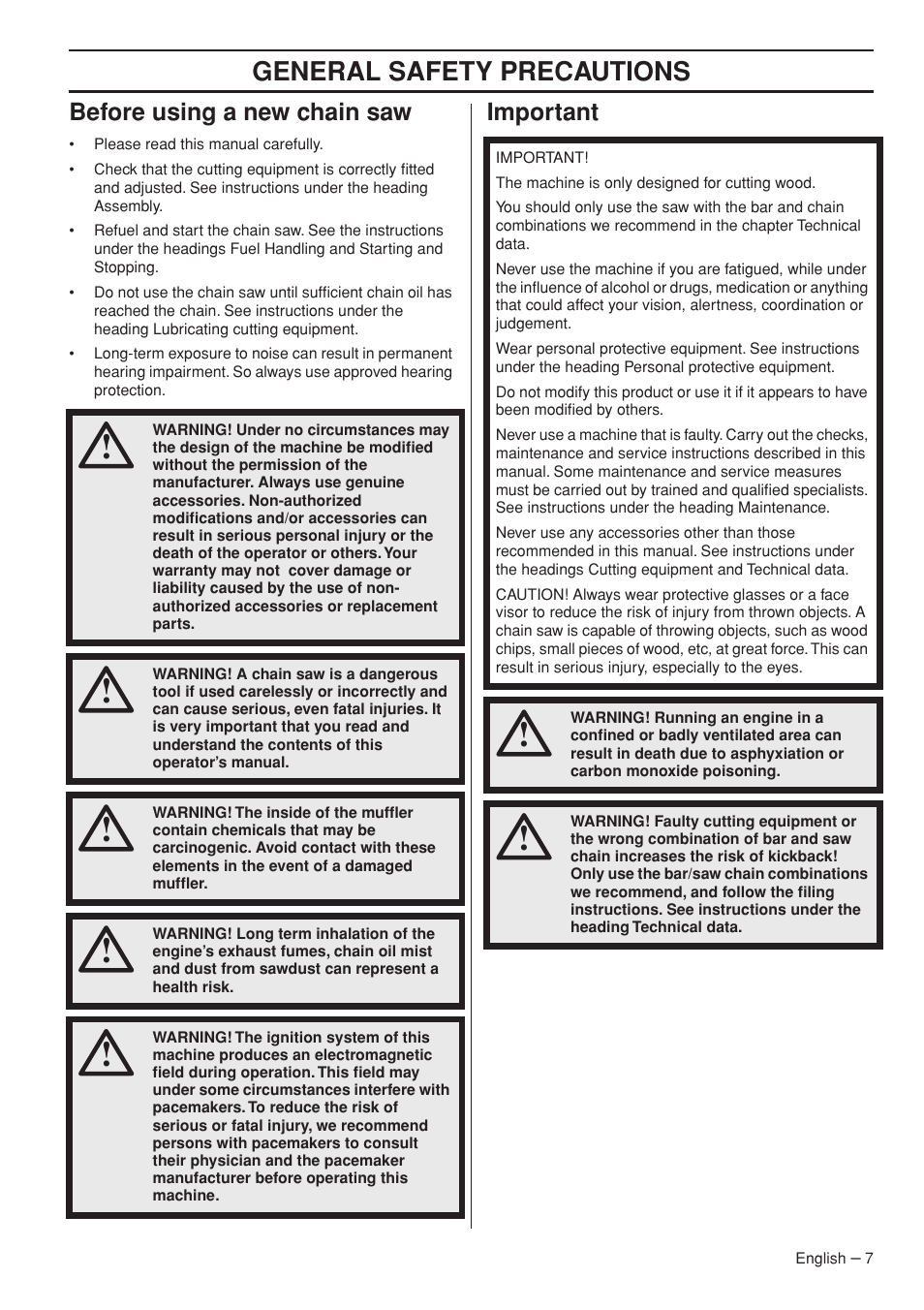 Before using a new chain saw, Important, General safety preca utions | Bef ore using a new chain saw, Impor tant | Husqvarna 1150902-95 User Manual | Page 7 / 44