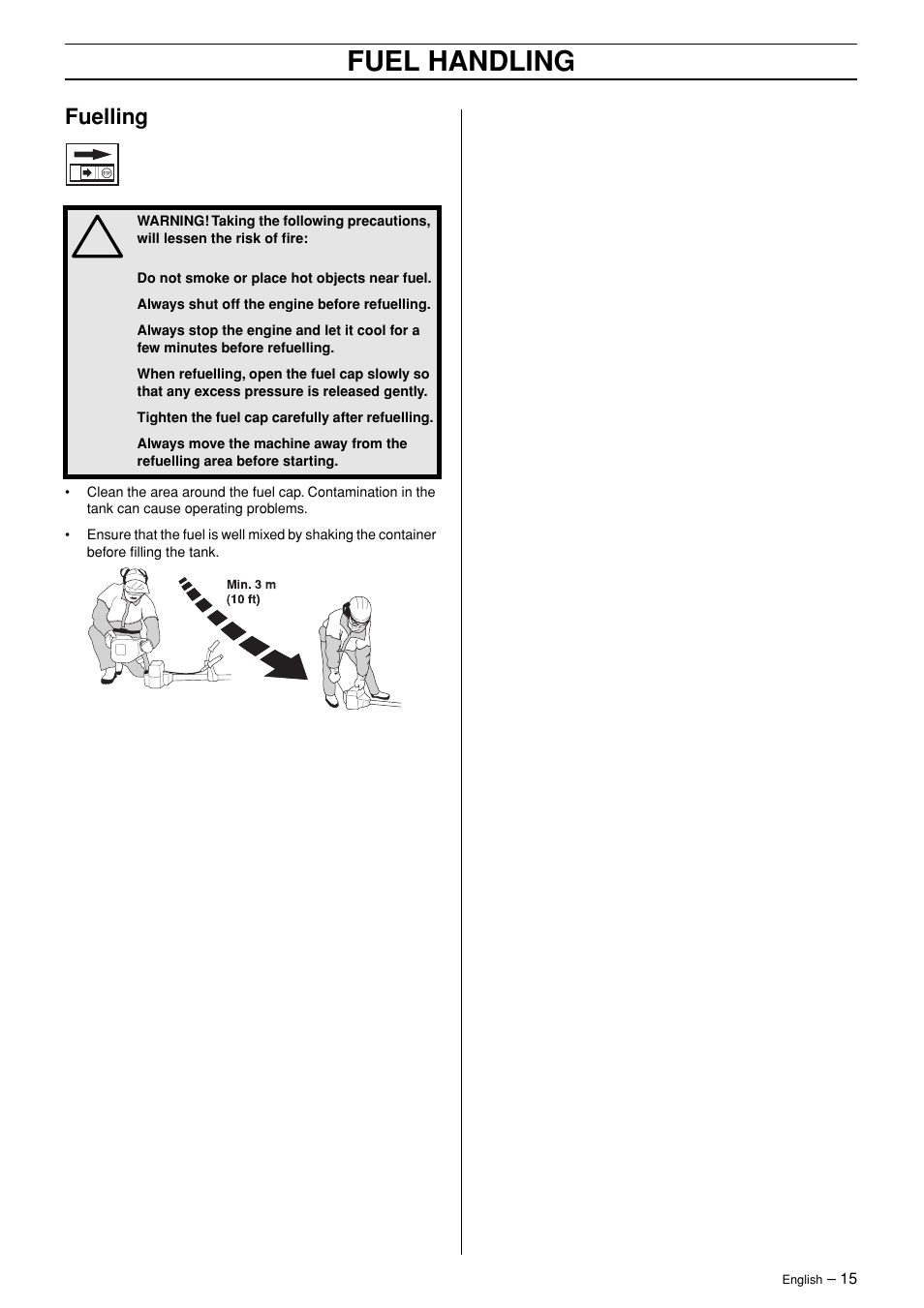 Fuelling, Fuel handling | Husqvarna 326HDAX-Series User Manual | Page 15 / 24