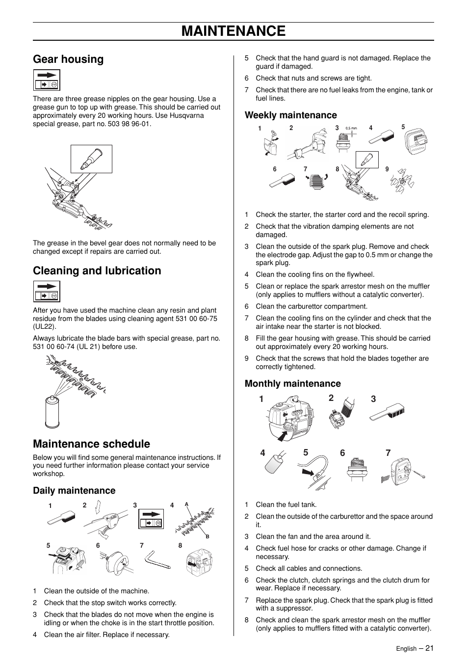 Gear housing, Cleaning and lubrication, Maintenance schedule | Daily maintenance, Weekly maintenance, Monthly maintenance, Maintenance | Husqvarna 326HDAX-Series User Manual | Page 21 / 24