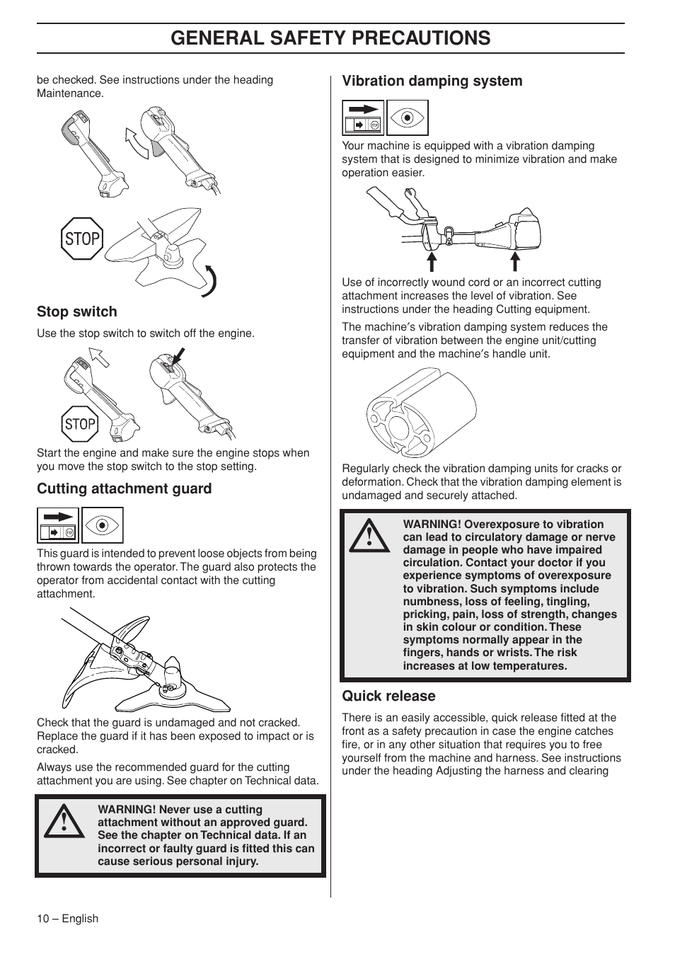 Stop switch, Cutting attachment guard, Vibration damping system | Quick release, General safety precautions | Husqvarna 355FX User Manual | Page 10 / 44