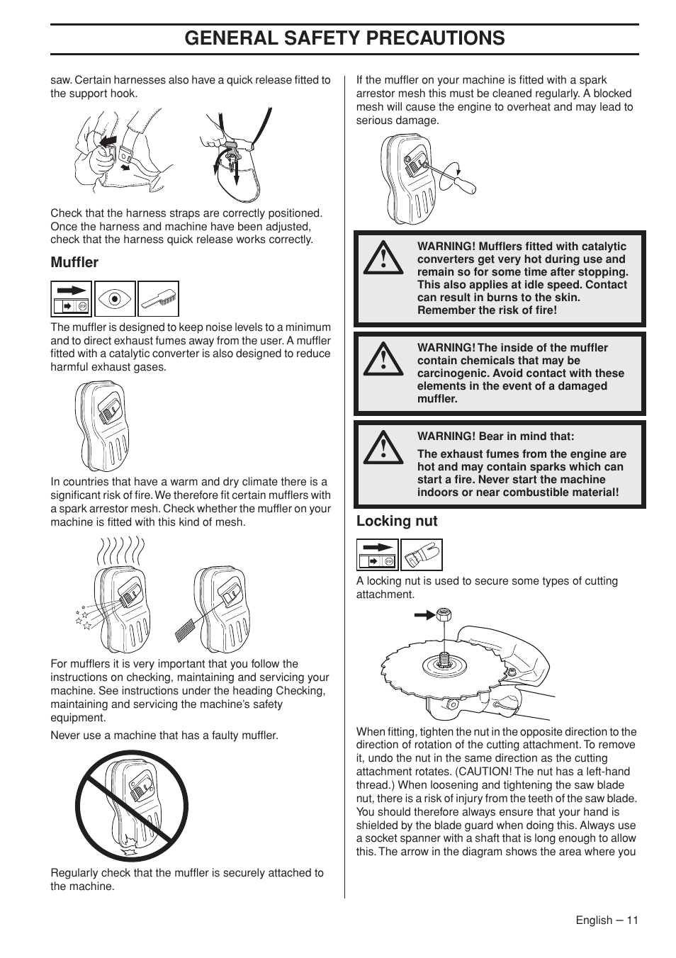 Muffler, Locking nut, General safety precautions | Husqvarna 355FX User Manual | Page 11 / 44