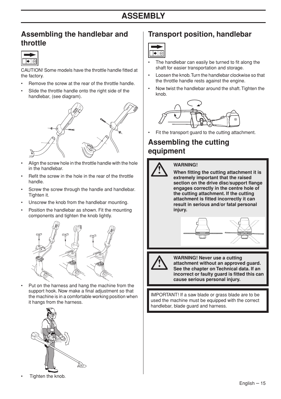 Assembling the handlebar and throttle, Transport position, handlebar, Assembling the cutting equipment | Assembly | Husqvarna 355FX User Manual | Page 15 / 44