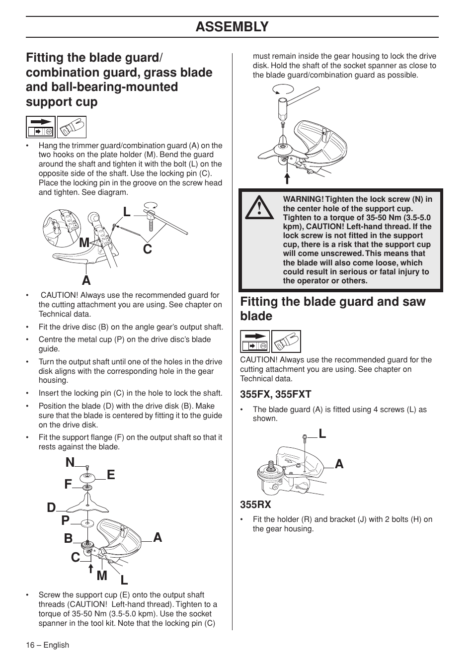 Fitting the blade guard and saw blade, 355fx, 355fxt, 355rx | Assembly, La m c | Husqvarna 355FX User Manual | Page 16 / 44