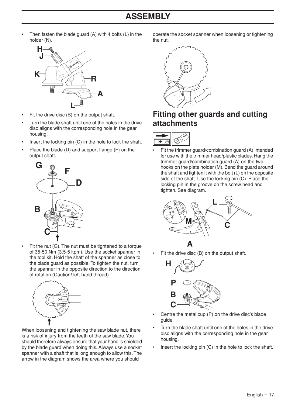 Fitting other guards and cutting attachments, Fg d b c, Assembly | Husqvarna 355FX User Manual | Page 17 / 44