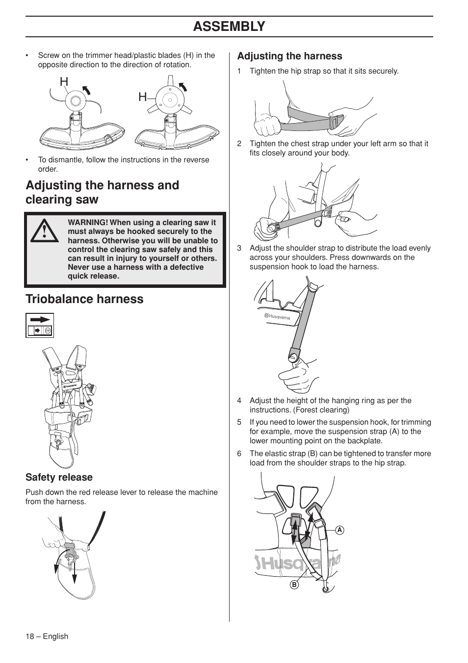 Adjusting the harness and clearing saw, Triobalance harness, Safety release | Adjusting the harness, Assembly | Husqvarna 355FX User Manual | Page 18 / 44