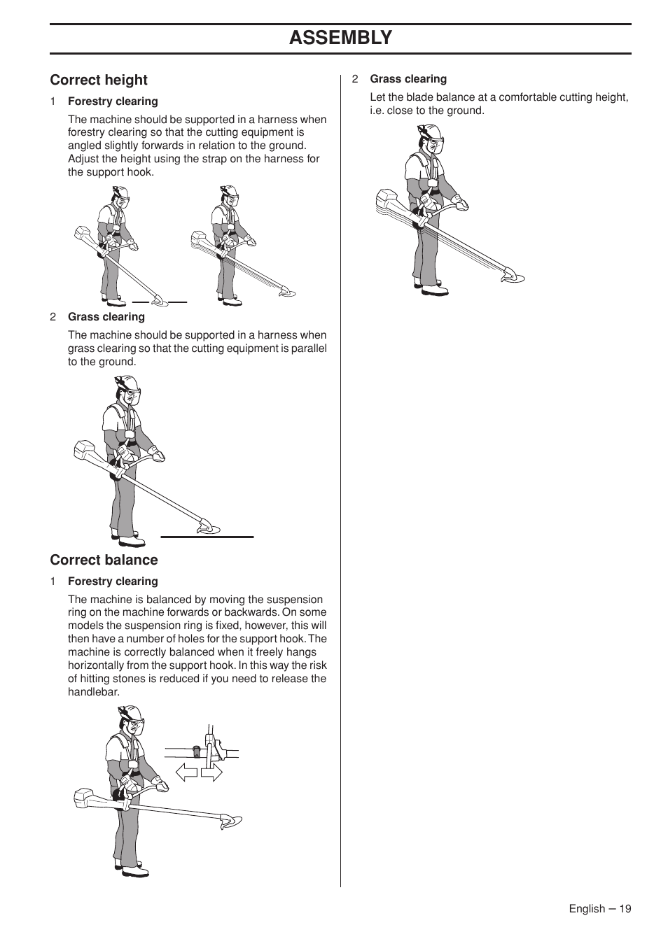 Correct height, Correct balance, Assembly | Husqvarna 355FX User Manual | Page 19 / 44