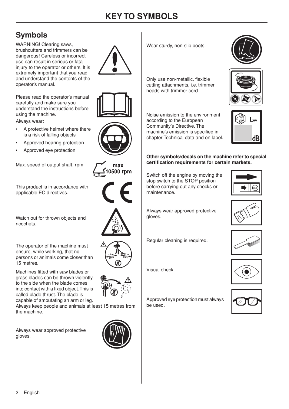 Symbols, Key t o symbols | Husqvarna 355FX User Manual | Page 2 / 44