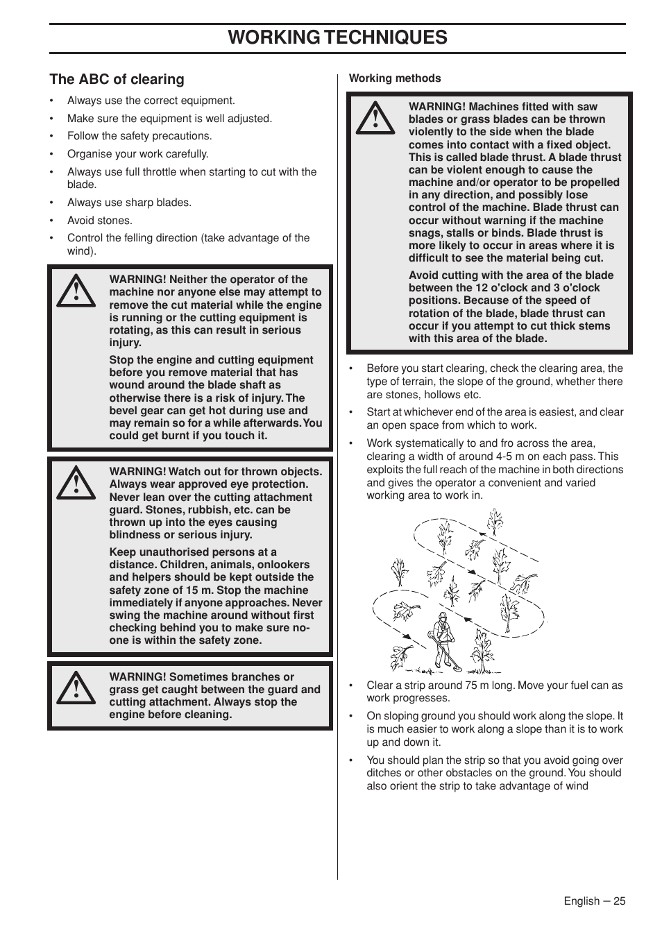 The abc of clearing, Working techniques | Husqvarna 355FX User Manual | Page 25 / 44