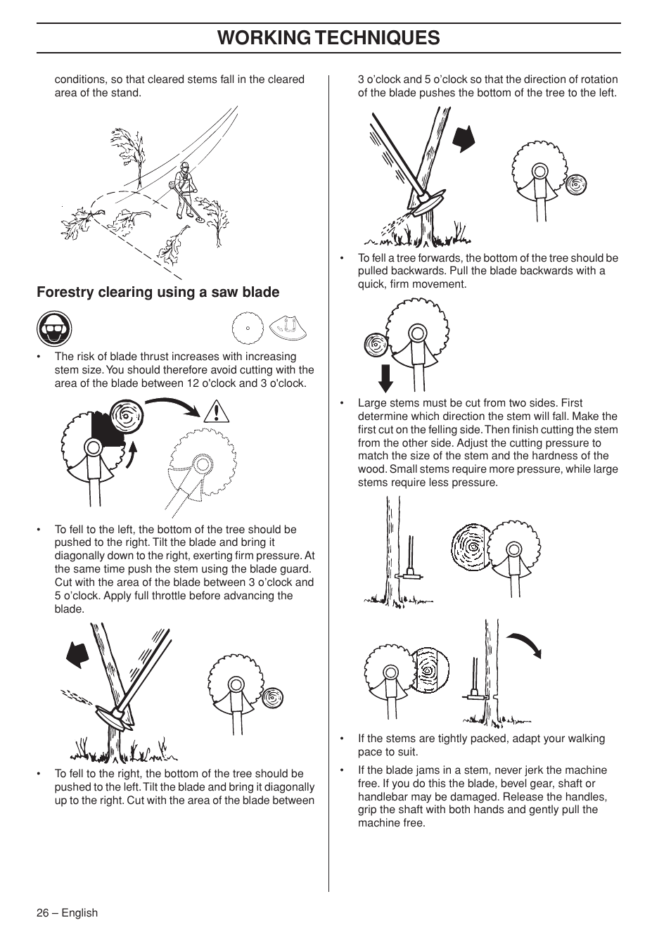 Forestry clearing using a saw blade, Working techniques | Husqvarna 355FX User Manual | Page 26 / 44