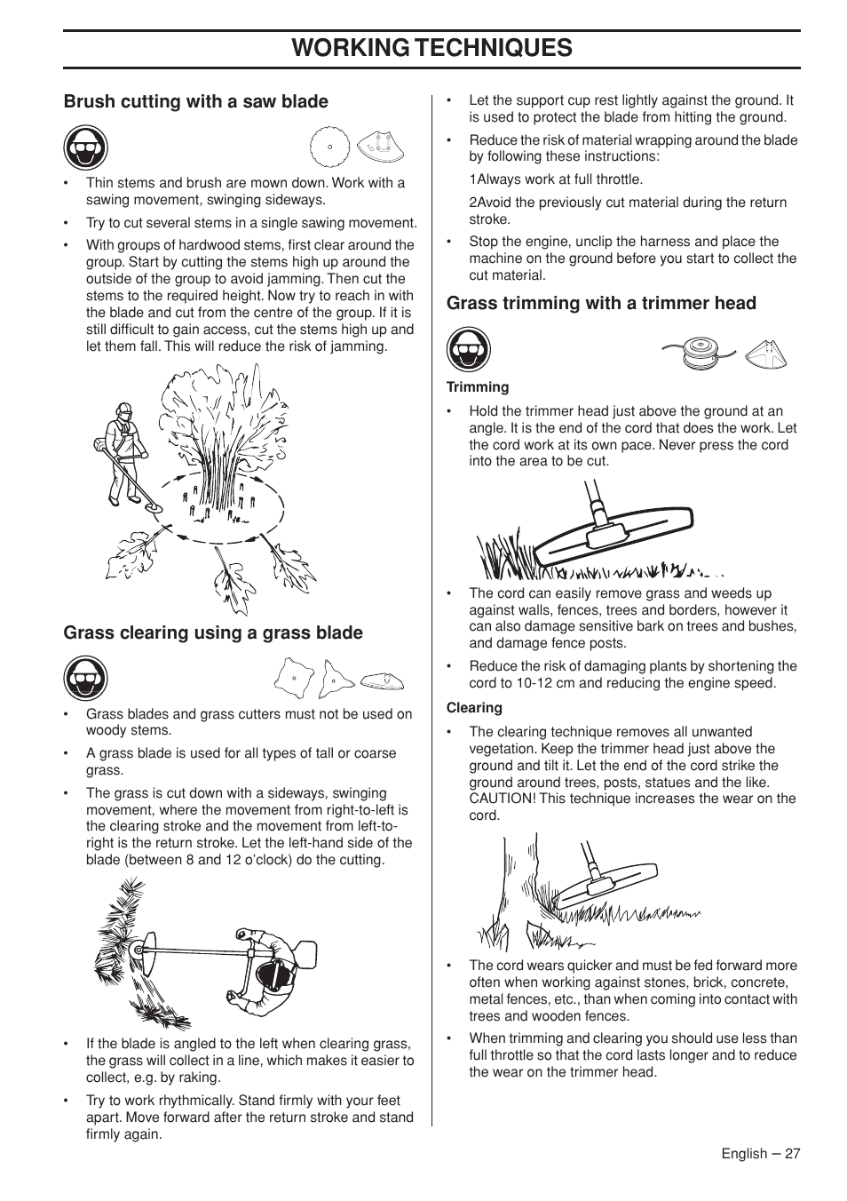 Brush cutting with a saw blade, Grass clearing using a grass blade, Grass trimming with a trimmer head | Working techniques | Husqvarna 355FX User Manual | Page 27 / 44