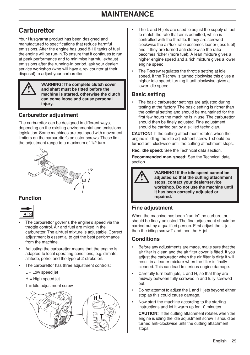 Carburettor, Carburettor adjustment, Function | Basic setting, Fine adjustment, Conditions, Maintenance | Husqvarna 355FX User Manual | Page 29 / 44