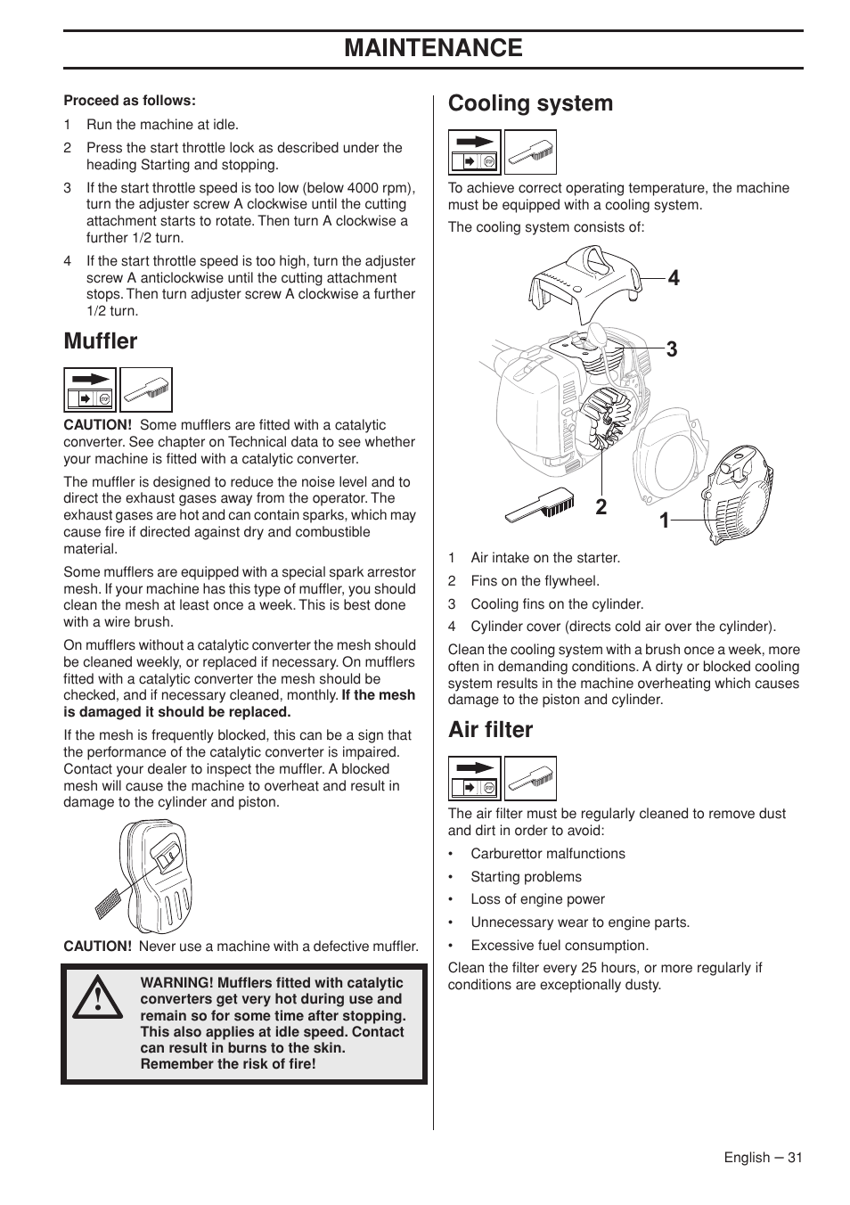 Muffler, Cooling system, Air filter | Maintenance | Husqvarna 355FX User Manual | Page 31 / 44
