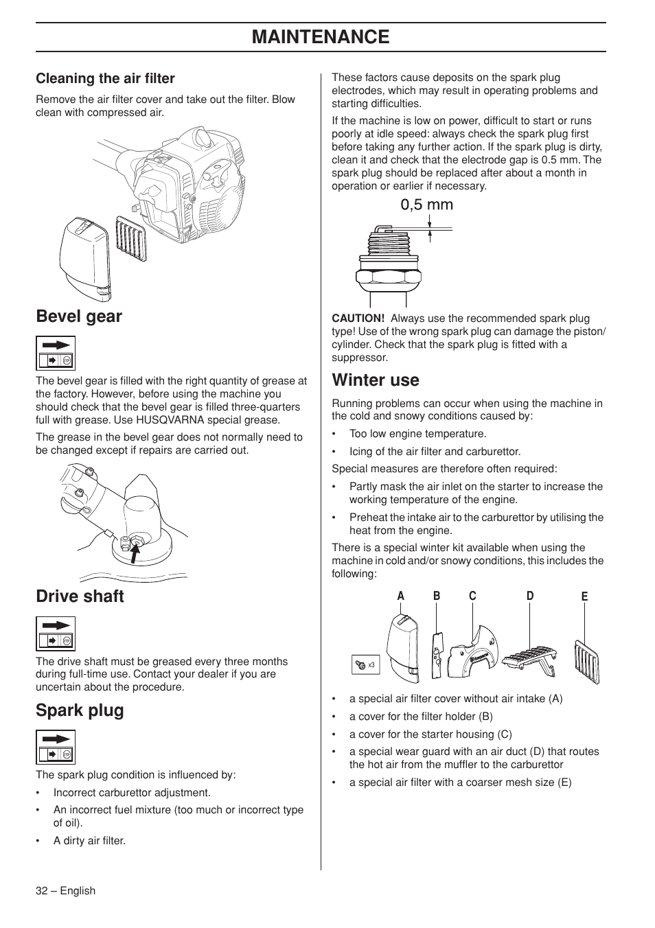 Cleaning the air filter, Bevel gear, Drive shaft | Spark plug, Winter use, Maintenance | Husqvarna 355FX User Manual | Page 32 / 44