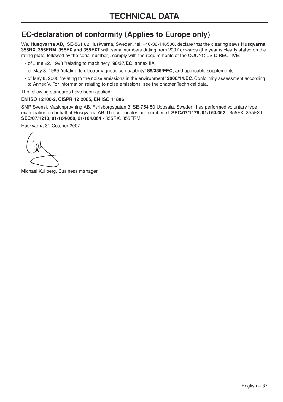 Technical data | Husqvarna 355FX User Manual | Page 37 / 44