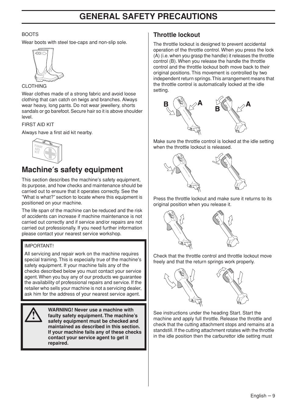 Machine¢s safety equipment, Throttle lockout, General safety preca utions | Machine ′ s safety equipment | Husqvarna 355FX User Manual | Page 9 / 44