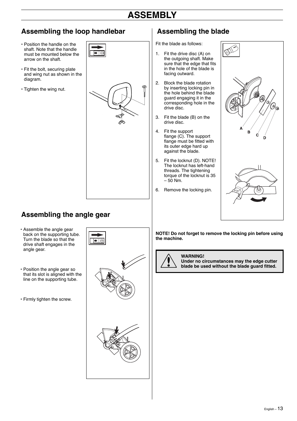 Assembly, Assembling the blade, Assembling the loop handlebar | Assembling the angle gear | Husqvarna 323E User Manual | Page 13 / 24