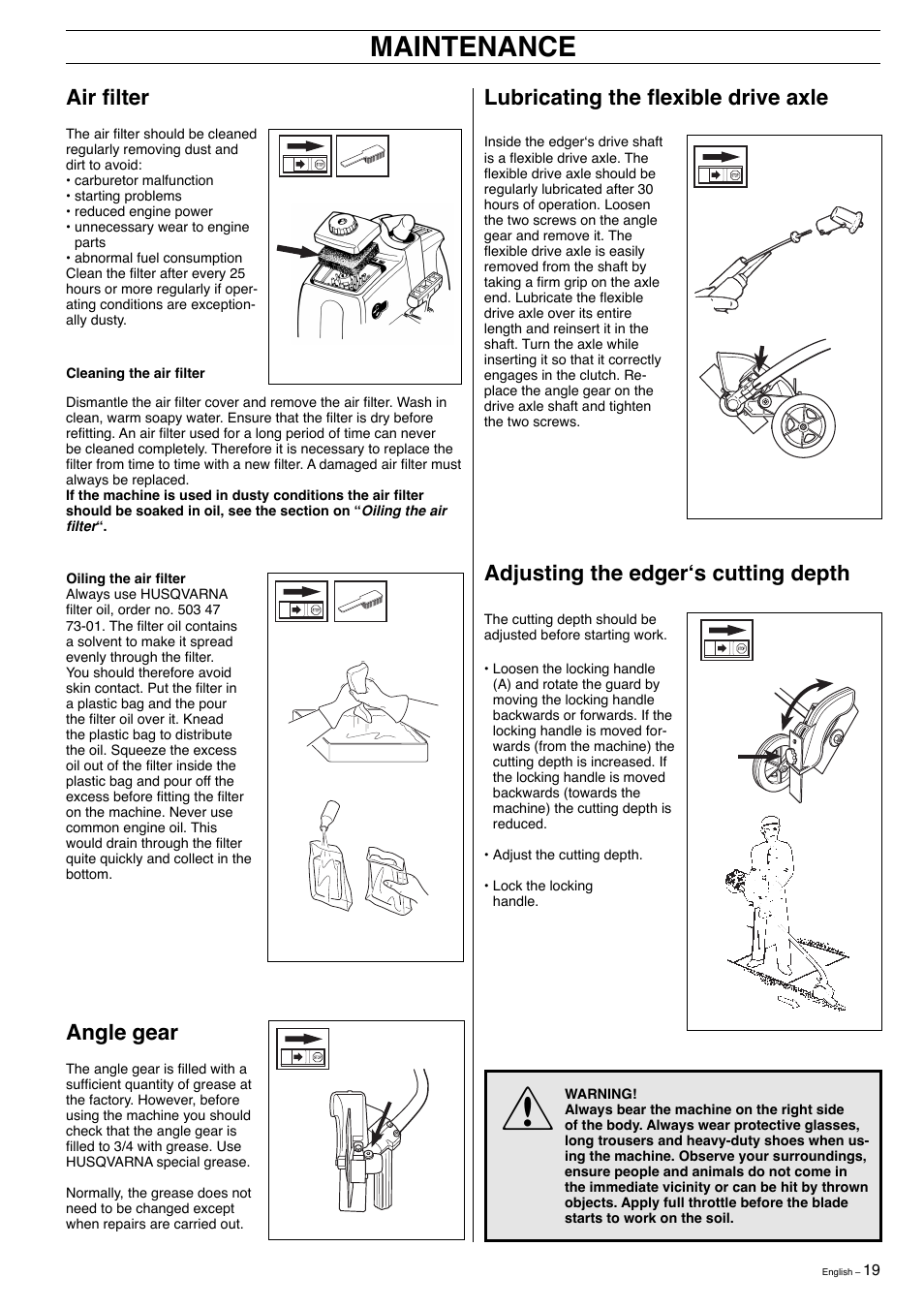 Maintenance, Air fi lter, Angle gear | Husqvarna 323E User Manual | Page 19 / 24